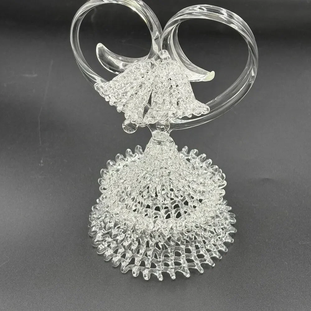 Vintage Hand Blown Ornate Glass Wedding Cake Topper Wedding Bells Heart 7”